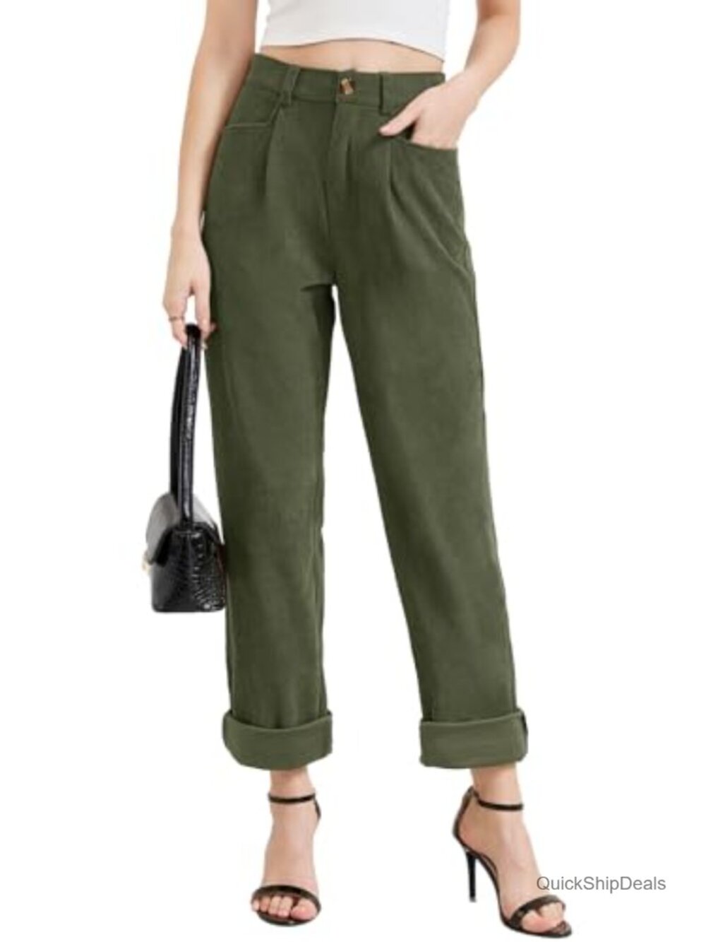 Corduroy Pants High Waisted Straight Leg Stretchy Work Trousers with Pockets